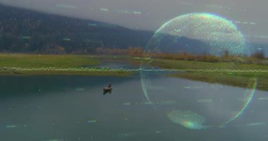 Teknede oturan adam veri akışı bırakmış. Dünya 'yı genişleterek verileri yansıtan bir dalga formu oluşturmuş. Holografik, küre, görselleştirme, yalnızlık, göl, bulutlu, minimalist