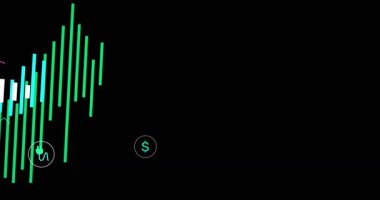 Sol yeşil çubuklar ve tıkaçlar görünüyor, çubuklar sağa doğru uzanıyor, simgeler içeri kayıyor, çizgiler eşleşiyor. Neon, gösterge paneli, görselleştirme, dalga formu, enerji, finans, sürdürülebilirlik