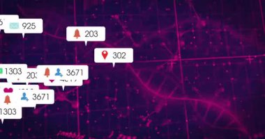 Yeni aktivite uyarısı kabarcıkları kümeleniyor ve trafik kazasını gösteren morumsu haritaya yayılıyor. Ağ, ızgara, veri, görselleştirme, neon, parlama, rozetler