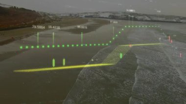 Sahilde ortaya çıkan 3 boyutlu veri, figür hareketinin tetiklemesiyle, eğilimleri göstermek için şamdanlar oluşturuyor. Hava, kıyı, artırılmış, gerçeklik, örtüşme, dalga biçimi, işaretler