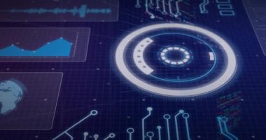 Merkezi HUD parçacıkları parlıyor ve dönüyor, devre izleri yükseliyor, gereçler güncelleniyor, taranıyor. Holografik, gösterge paneli, neon, devre, analiz, arayüz, gerçek zamanlı