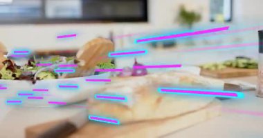 Magenta cyan çizgileri çaprazlama süpürüyor, kamera kaymasına ve salata kasesinin parlamasına neden oluyor. Mutfak, parlak, modern, masa üstü, ekmek, yeşillik, soğan