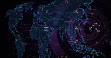 Wireframe dünya haritası açılışta genişliyor ve çoğalıyor, APAC veri kümelerini izlemek için vurguluyor. Holografik, arayüz, görselleştirme, neon, ızgara, işaretleyiciler, analiz