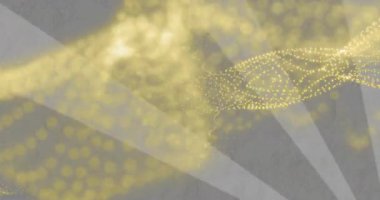 Sol bulut girer ve altın noktalı kurdeleyle buluşur, düğümler oluşturur ve parçacık akışını gösterir. Hareket, soyut, parlak, kinetik, gradyan, güneş patlaması, dijital