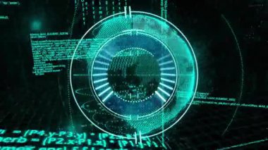 Merkezi HUD başlatma, halkaları birleştirme, dönen küre ve veri izleme için akan deniz mavisi kodu. Holografik, arayüz, fütüristik, siber uzay, ızgara, 3d, neon