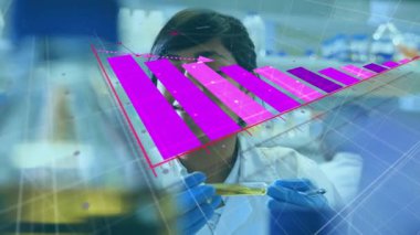 Pipetle ilgilenen laboratuar araştırmacısı, eflatun çizelge sol üst üste yerleştirilirken örnek alıyor. Bilim, biyoteknoloji, eldivenler, pipetleme, görselleştirme, işbirliği, kesinlik