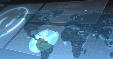 Mavi oval görünen küresel harita değişimi, kayan paneller, yerleşen işaretler, analitik sunumlar. Holografik, gösterge paneli, dünya, görselleştirme, fayanslar, radar, altıgen