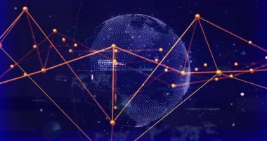 Noktalı küre, turuncu düğümler titreşirken ve ağ verilerini gösterirken dönen merkezde beliriyor. Ağ, görselleştirme, fütüristik, neon, parıltı, küreler, noktalar