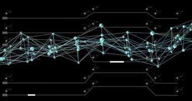 Veri atımını takip eden Cyan düğümü ağı, sağa kayıyor, zirveler oluşturuyor, HUD değerlerini güncelliyor. Neon, noktalar, devreler, çizgiler, dalga biçimi, üstüste, değerler