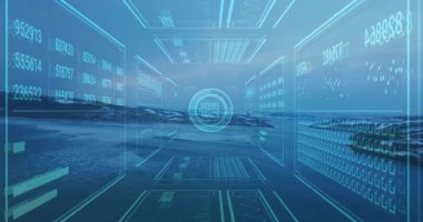 Başlangıçta Cyan HUD tünel oluşturma, paneller yükleme, navigasyon için reticle güncelleme rakamları. Üst üste, holografik, arayüz, geleceksel, kıyı, deniz manzarası, okyanus