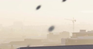 Yarım tonluk küre soldan geliyor, kıvrılıyor, dönüyor ve kentsel veri için sağa doğru genişliyor. Noktalar, harita, çatı, ufuk çizgisi, bilgi, sepia, hareket