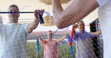 Instructor arm leading pull, overlay showing fitness charts group mirroring blue or red bands on patio. Workout, resistance, porch, participants, trainer, grid, data