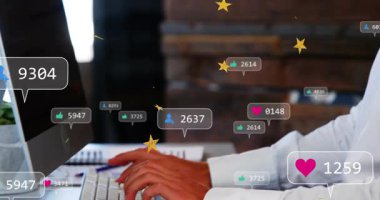 İnsanlar sosyal zevklere, kalplere ve yıldızlara neden oluyor, kamera genişlerken çatışmayı takip ediyor. Ofis, çalışma alanı, monitör, klavye, bilgilendirmeler, takipçiler, masa