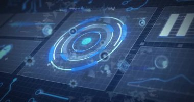 On data pulse central HUD ring pulsing, rotating, nodes orbiting, gauge growing, displaying data. Holographic, futuristic, interface, dashboard, concentric, neon, immersive