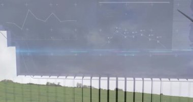 Çerçeveler hareket ediyor, beyaz çubuklar blok çizelgesi oluşturuyor, mavi işaret fişeği kayıyor, türbin dönüyor, eğilimi gösteriyor. Kırsal, yel değirmeni, veri, görselleştirme, analiz, ızgara