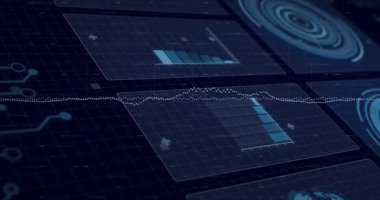 L biçimli çizgi beliriyor, dalgaboyu kaydırırken ve verileri izlerken çift paneller çubuklarla doluyor. Holografik, yarı saydam, fayanslar, gösterge paneli, analitik, devre, radar