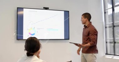 Sunucu tıkırtı tableti satış artışını gösteren simgeleri gösteren tabletleri gösteriyor. Kurul odası, toplantı, ekran, işbirliği, jest, veri, analiz