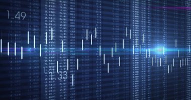 Pazar grafiği ekranda gösteriliyor, şamdan çubukları, sayısal ızgaralar, ışık çizgileri gösteriliyor. Veri, işlem, ön panel, analitik, neon, mavi, fütüristik