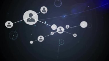 Tek bir parlak nokta titreşimi, beyaz avatarların uzayda ortaya çıkıp birleşmesi, ağ büyümesini gösteriyor. Bağlantılar, simgeler, profiller, kafes, derinlik, parıltı, hud