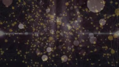 Merkezi parlaklık dalgalanması, titreşen ve kümelenen altın noktalar sonra veri için karanlık ağa yayılıyor. Soyut, parçacıklar, bokeh, çokgen, parıltı, çizgi, sis