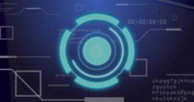 Zaman damgası Cyan HUD döndürme, yüzükleri ortaya çıkarma, ardışık altı haneli rakamlar, taramayı tamamlama. Eş merkezli, daire, arayüz, gösterge paneli, damgalama, canlandırma, teknoloji