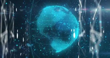 Parlayan cyan noktalı küre ortaya çıkıyor, nabız atıyor ve dönüyor, halkaları takip ediyor ve kıtaları açığa çıkarıyor. Holografik, küre, neon, fütüristik, boşluk, parçacıklar, kılavuz çizgiler