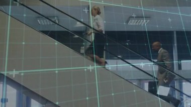 Business team ascending diagonal stair with woman stepping handrail, blue grid guiding to meeting. Escalator, professionals, atrium, corporate, glass, metal, multilevel