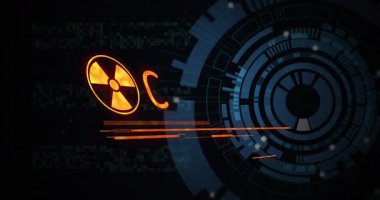 Algılayıcı alarmı radyasyon alarmına neden oluyor mektuplar oluşuyor, parmaklıklar büyüyor, eylem talep ediyor. Tehlike, monitör, konsol, arayüz, neon, ışıltı, matris