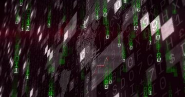 Sanal duvarda kırmızı grafiği gösteren, art arda akan yeşil ikilik sütun. Veri, görselleştirme, matris, panel, neon, dijital, fütüristik