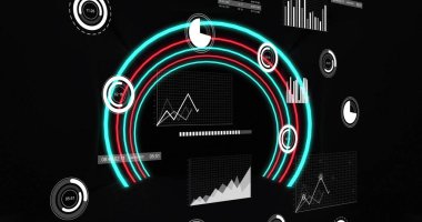 Projecting central dashboard floating in HUD, with concentric teal and red arcs, gauges, charts. Neon, holographic, futuristic, interface, analytics, visualization, data