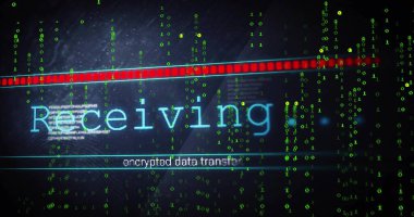 Kırmızı çubuk, yeşil ikili hat, şifreli çizgi, mavi gösterge ile konsolda cyan alıcısı gösteriliyor. Siber, veri, transfer, arayüz, neon, arıza, ağ