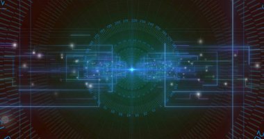 Merkez mavi merkez, ince panellerle HUD 'de konsantrik gösterge işaretleri yayıyor, parlayan izler. Hologram, arayüz, gösterge paneli, veri, görselleştirme, neon, cyan