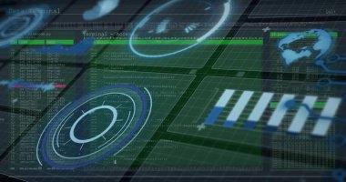 Sanal ızgarayı dolduran holografik arayüz gösteriliyor, yeşil terminaller, dünya, veri sütunları gösteriliyor. Gösterge paneli, görselleştirme, neon, siber punk, radar, cyan, fütürist