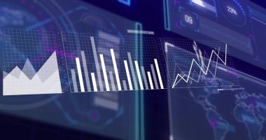 Sanal komut merkezi boyunca yarı saydam paneller gösteriliyor, alan, bar, çizgi çizelgeleri ile. Holografik, neon, arayüz, analitik, veri, fütüristik, hud