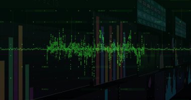 Karanlık veri gösterge panelinde çoklu renk çubukları ve trafik çizgileriyle titreşen yeşil noktalı dalga formunu gösteriyor. İzometrik, holografik, parlak, yansıtıcı, fütüristik, analitik, telemetri