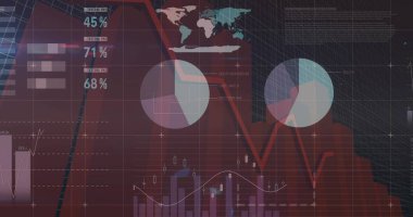 Kestane rengi arayüzde gösteriliyor, alçalan kırmızı alan grafikleri ve turta grafikleri gösteriliyor. Analizler, veriler, trend çizgisi, şamdan, dünya haritası, çizgiler, eksen