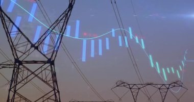 Cyan çubuklarının sol dalış merkezine girdiğini gösteren veri atım direklerinde sağ eşleştirme verisi yükseliyor. Kuleler, şebeke, telemetri, üstüste, alacakaranlık, siluet, ufuk