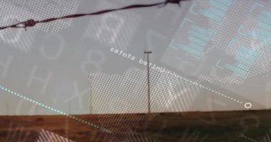 Veri örtüsü görünüyor, elektrik direkleri ufukta beliriyor, fayanslar ağ akışını gösteriyor. Altyapı, manzara, kırsal, açık hava, fütüristik, ızgara, harita