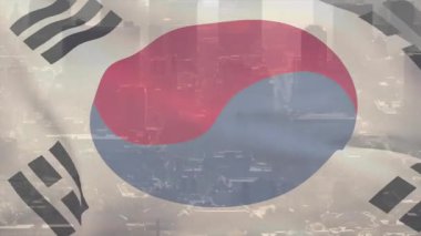 On scene start Taegukgi filling frame, rippling and shifting taegeuk while muting skyline for TV. Flag, broadcast, animated, media, urban, cityscape, overlay