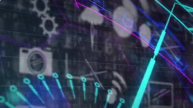 Bulanık ızgaradan silikon işaretleyici temizleniyor, simge kümesi ortaya çıkıyor ve ölçümleri ortaya çıkarmak için dengeleniyor. Dataviz, gösterge paneli, analitik, neon, arayüz, kabartmalar, dijital