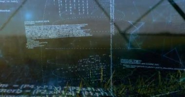 Verileri göstermek için yükselen kod akışlarının tetiklediği çimenli ufuk üzerinde şeffaf AR HUD canlandırması. Kaplama, kafes, kablo, elipsler, cyan, fütürist, ışıltı