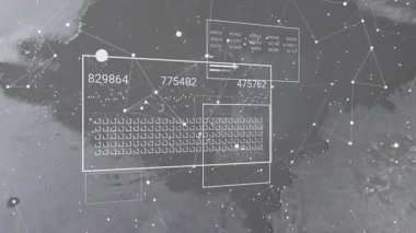 Matris HUD panel güncelleme ızgara ve sayısal etiketler sürüklenen düğüm ağı analitiği başlatırken. Takımyıldız, soyut, fütüristik, dijital, görselleştirme, neon, dokulu