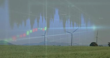 Rüzgar türbinleri sabit kalırken mavi çizelge beliriyor ve mumlar hareket ediyor, piyasa salınımlarını gösteriyor. Kuleler, alan, ufuk, çayır, minimal, dijital, yenilenebilir kaynaklar