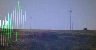 Algılayıcı verileri başlıyor, rüzgar çiftliği üzerinde genişleyen veri örtüsü, yükselen çubuklar, çıktıyı gösteren çizgiler. Türbinler, kırsal, görselleştirme, animasyon, analitik, yenilenebilir, manzara
