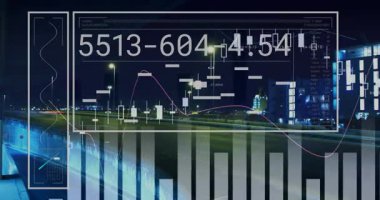 HUD canlandırma mumlarını, trendleri, barları güncelleyen sayısal başlık, gece yolunda pazar verilerini gösteriyor. Gececi, şehir manzarası, otoyol, aydınlatma rayları, neon, kaplama, şamdan