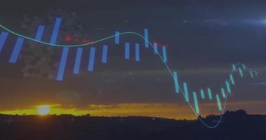 Güneş ufuk çizgisine batıyor, canlandırma yapıyor, eğri boyunca yükseliyor ve eğilimi gösteriyor. Şamdan, finans, analitik, alacakaranlık, manzara, çizgiler, katman