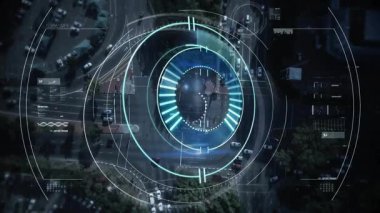 HUD appearing on activation, building rings and filling teal arc, scanning traffic for diagnostics. Aerial, urban, overlay, interface, data, analytics, futuristic