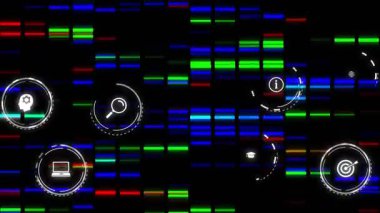 Kenar halkaları beliriyor, halka şeklinde HUD simgeleri içe doğru kayıyor ve merkezli arayüz ızgarası oluşturmak için nabız atıyor. Kontrol paneli, piktogramlar, bilgi, animasyon, dijital, geleceksel, geometrik