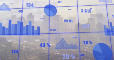 Yarı saydam mavi gösterge paneli yükleniyor, grafikler güncelleniyor ve yüzdeler artıyor, büyümeyi görselleştiriyor. Dataviz, skyline, urban, glass, refleksler, metrikler, parallax