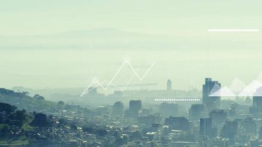 Dizide Skyline üzerinde görünen saydam grafikleri başlat, eğilimleri göstermek için grafikler ve haritalar oluştur. Şehir manzarası, hava, kıyı, puslu, veri tabanı, örtülü, kentsel